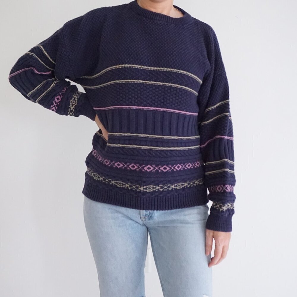 Vintage Sedgwick Navy Textured Knit Sweater Pink Stripe Detail 80s Preppy M
